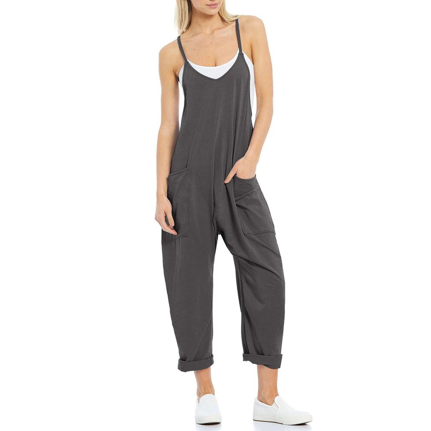 Women's Pocket Spaghetti Straps Knitted One-piece Trousers Jumpsuits