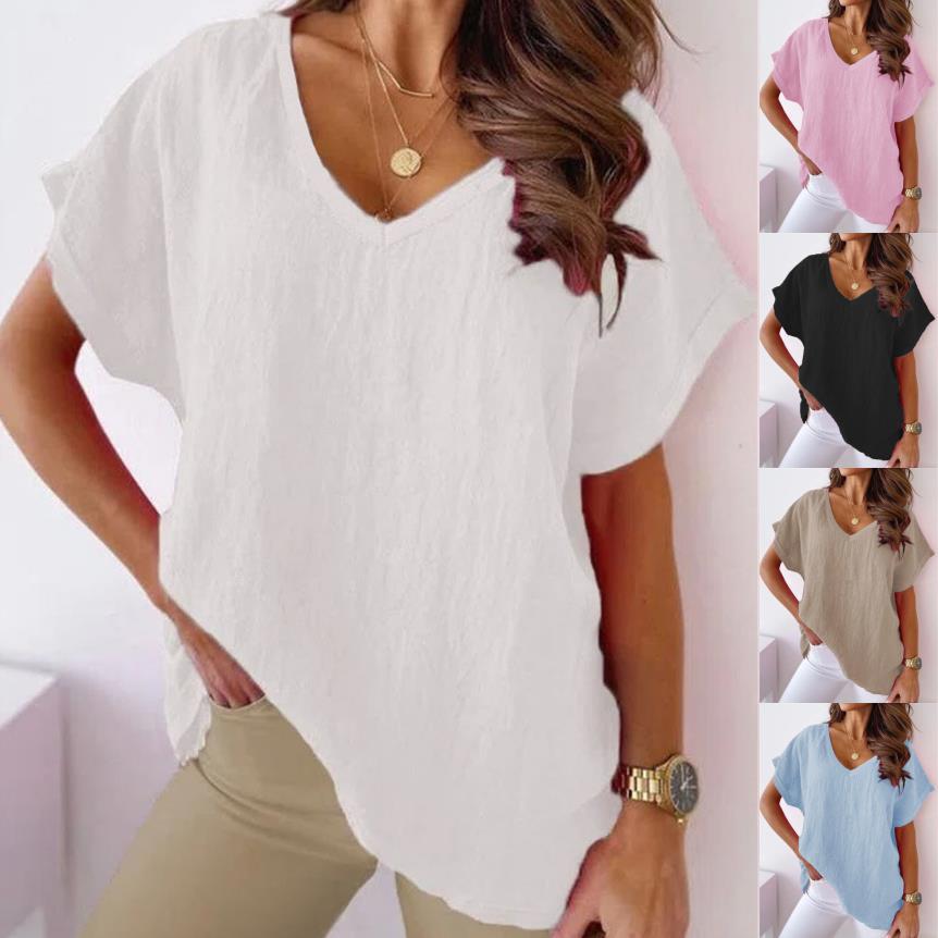 Women's Sleeve V-neck Solid Color Cotton Linen Blouses