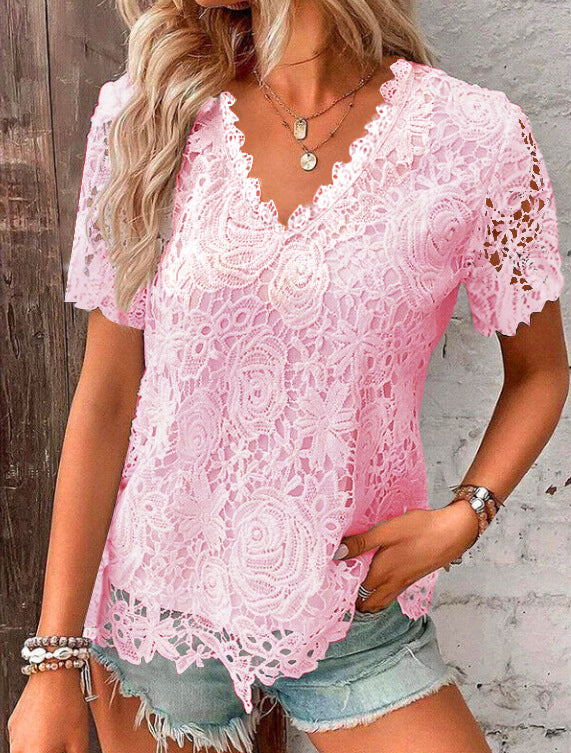 Sommer Elegante Spitze T-shirt Mit Ärmeln Blusen