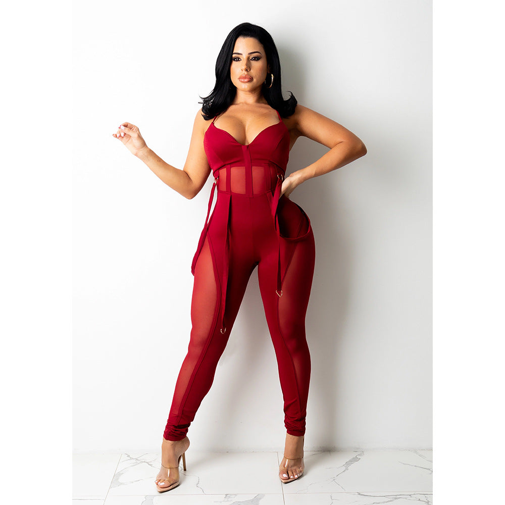 Damen Herbst Mesh Sexy Hosenträgerhose Jumpsuits