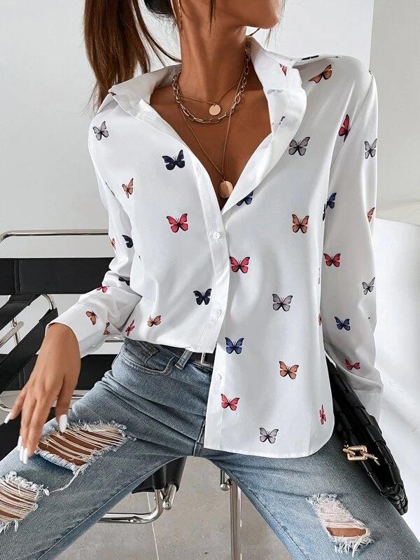 Women's Fashionable Printed Long-sleeved Shirt Butterfly Printing Blouses