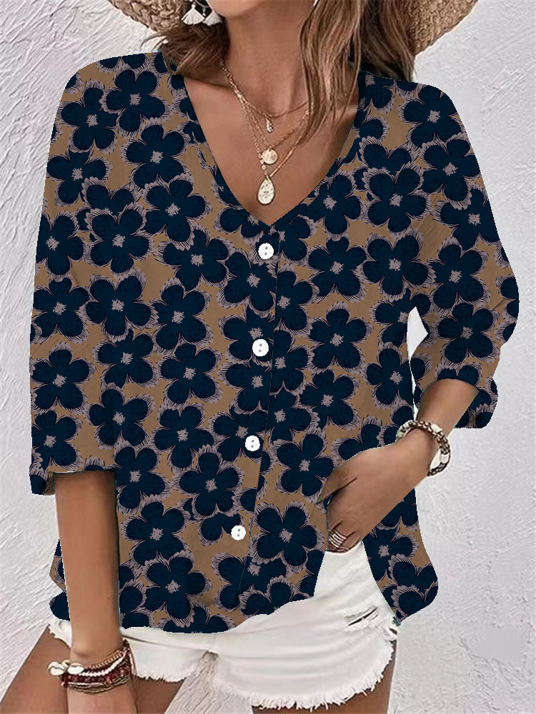 Women's Buttons Chiffon Printed Long Sleeve Blouses