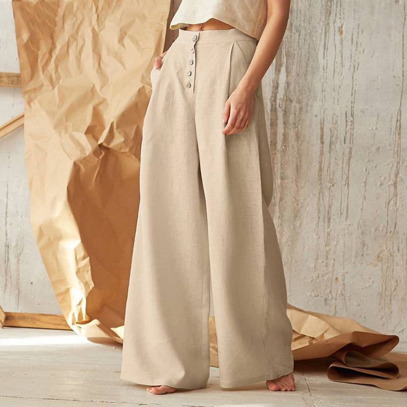 Women's Color High Waist Casual Button Cotton Pants