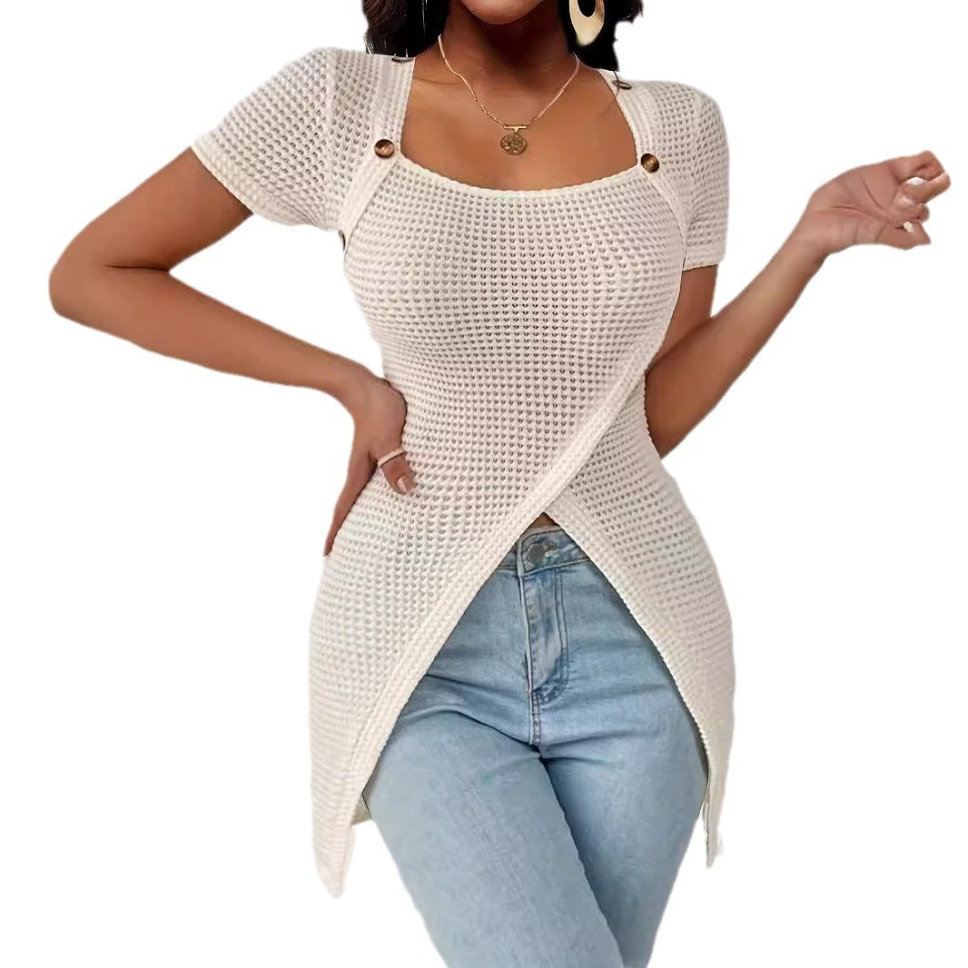 Women's Summer Solid Color Waffle Square Collar Blouses