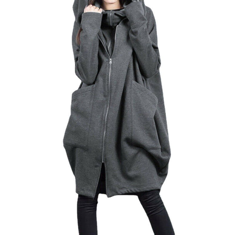 Women's Hooded Pocket Sweatshirt Zipper Mid-length Fake Coats