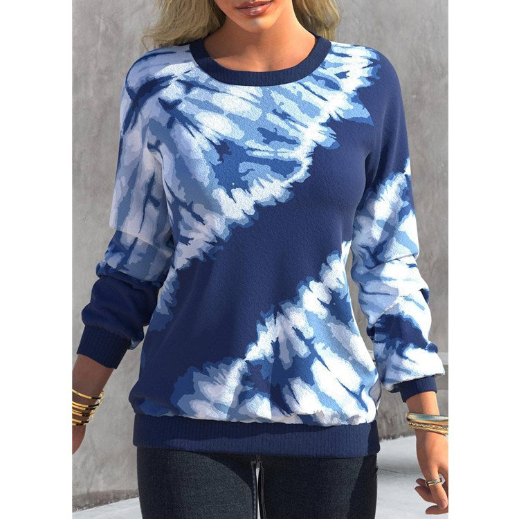 Damen Herbst Batik Bedruckter Rundhals Raglan Langarm Pullover