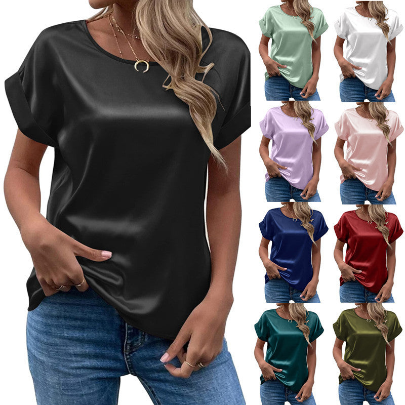 Women's Popular Short-sleeved Satin Loose-fitting Round-neck Blouses