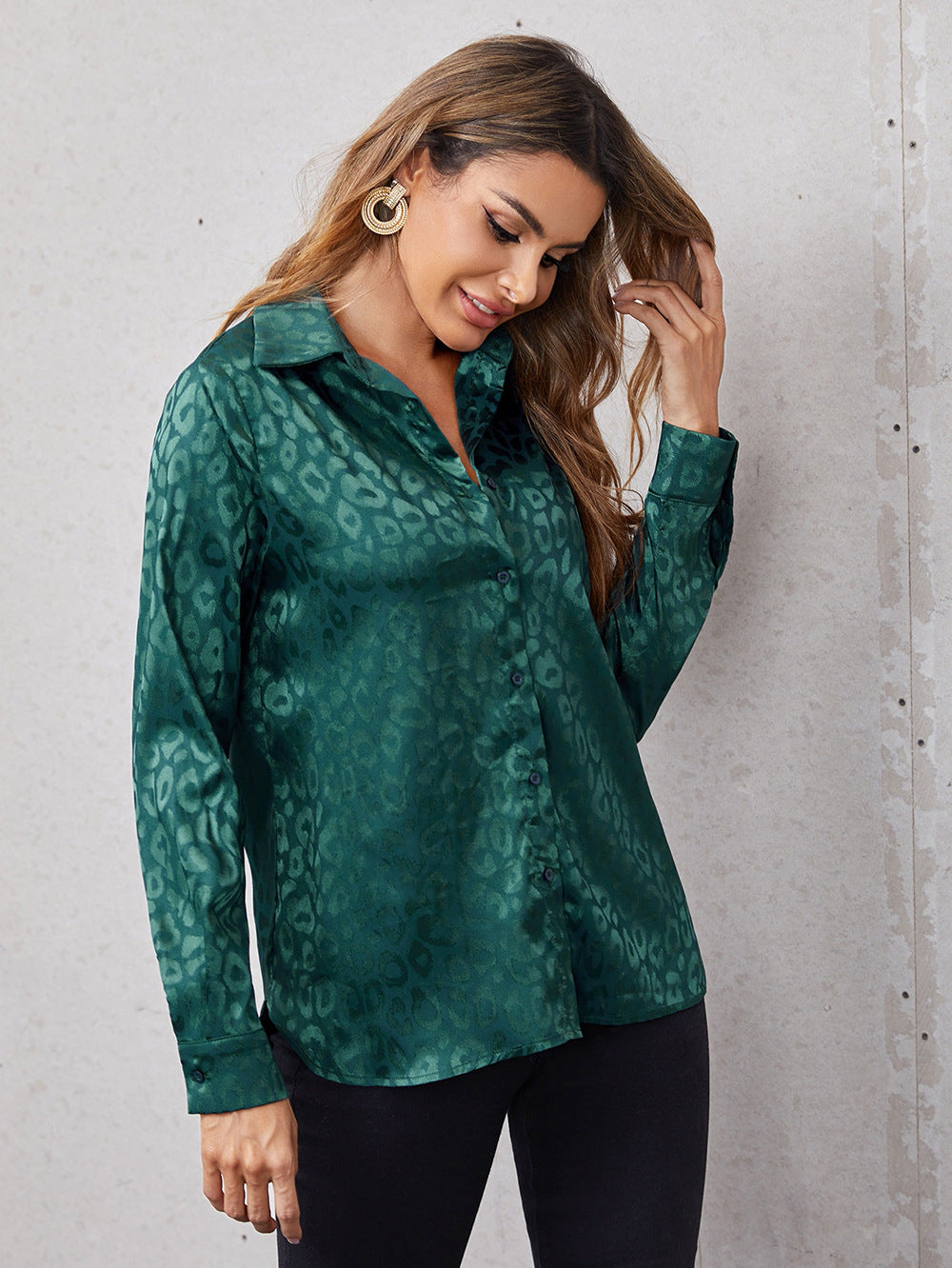 Women's Button Leopard Temperament Commute Long Sleeve Blouses