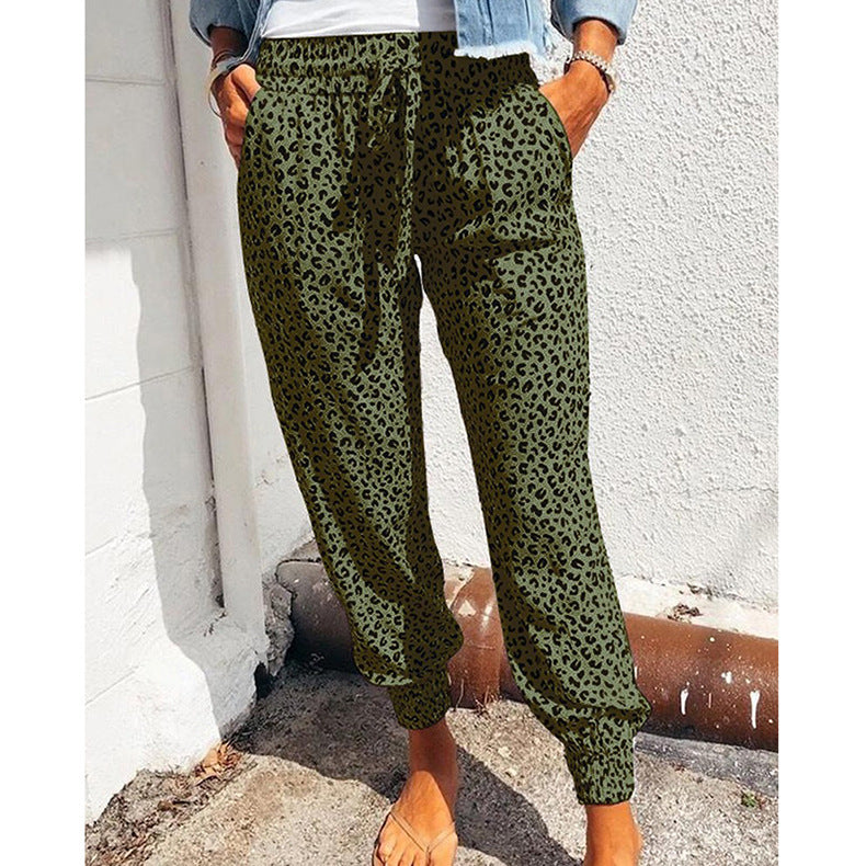 Women's Summer Trousers Loose Leopard Print Printed Drawstring Pants