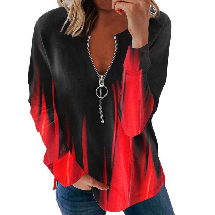 Women's V-neck Zipper Personalized Printed Long-sleeved Blouses