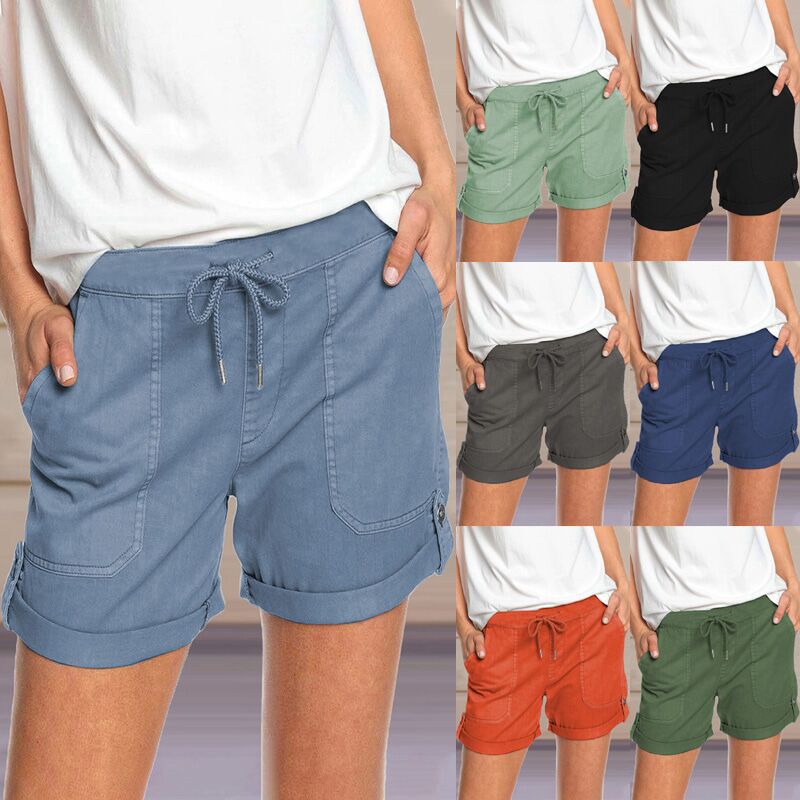 Women's Summer Solid Color Straight Casual Lace-up Shorts