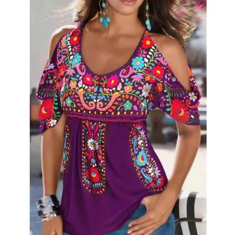 Women's Summer Loose V-neck Pleating Printed Off-shoulder Blouses