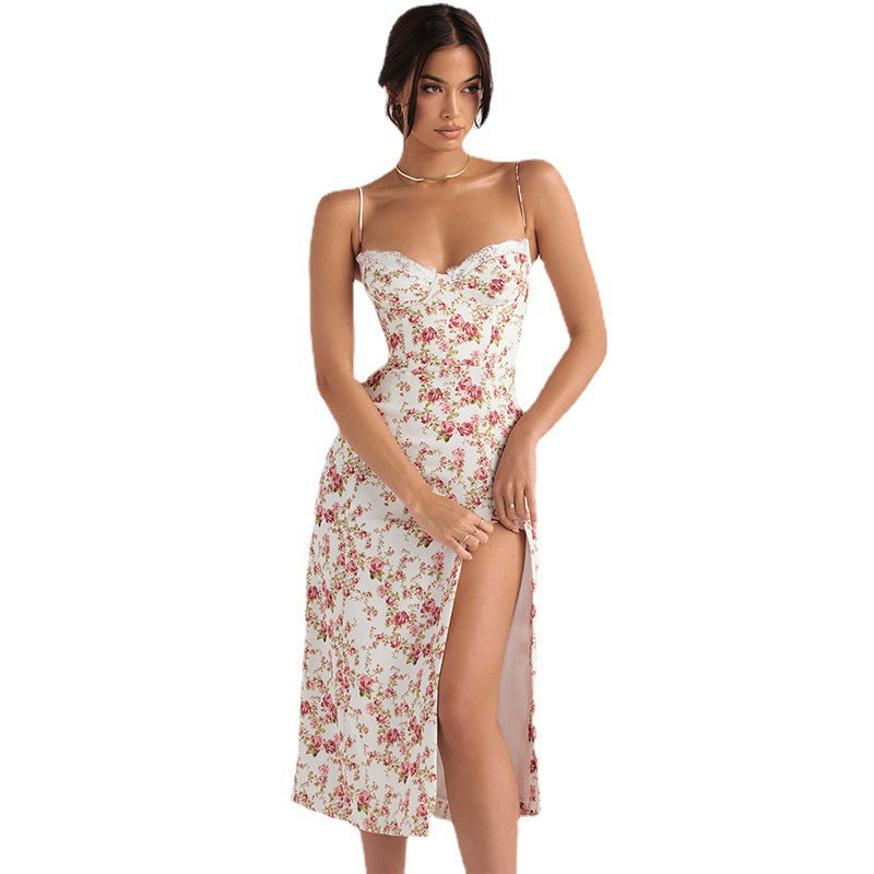 Robes de printemps florales bohème fendues à bretelles sexy pour femmes