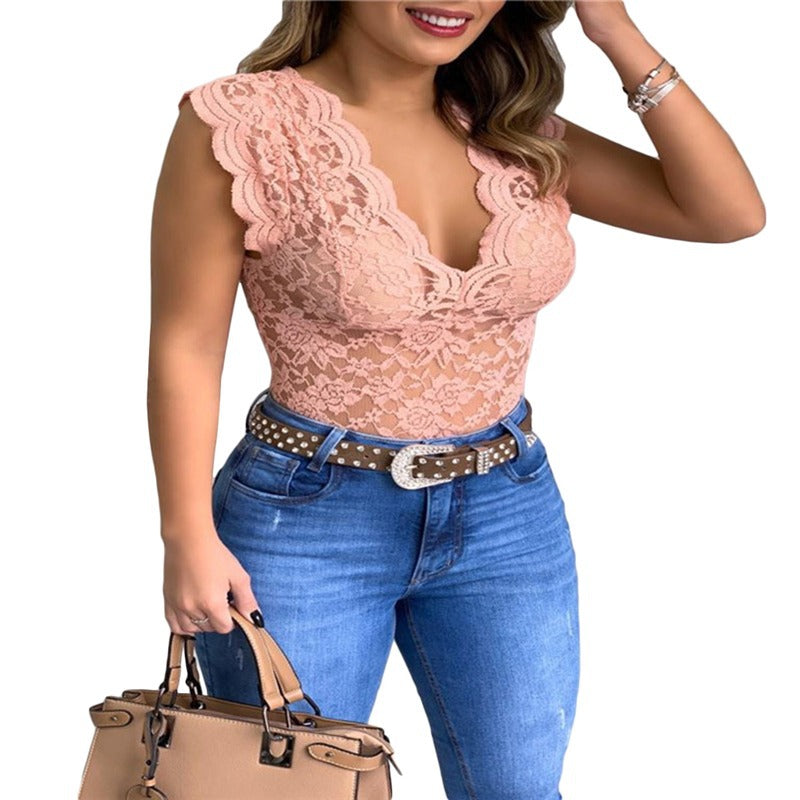 Women's Summer Hollow Sexy Close-fitting Solid Color Blouses