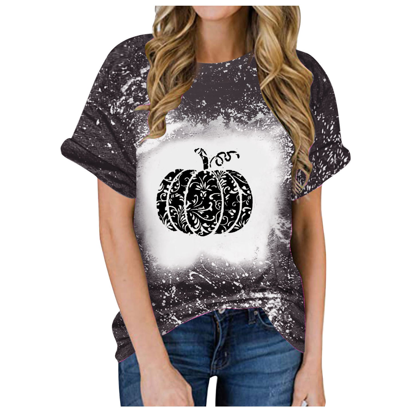 Kurzärmlige T-Shirt-Blusen mit Halloween-Kürbis-Aufdruck für Damen im Sommer