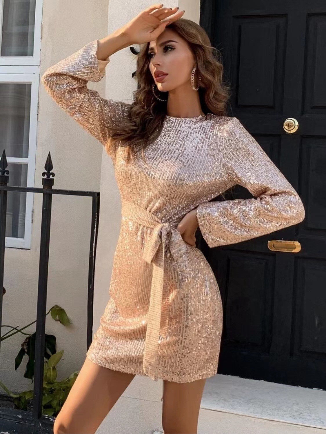 Gold Slim Fit Slimming Long Sleeves Dresses