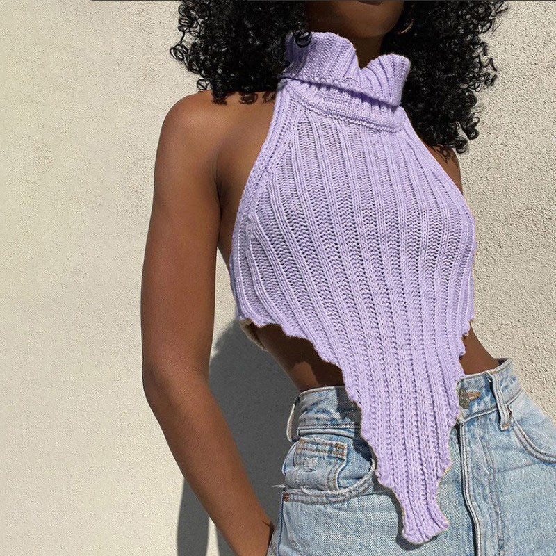 Sexy Backless Solid Color Turtleneck Irregular Knitting Tops