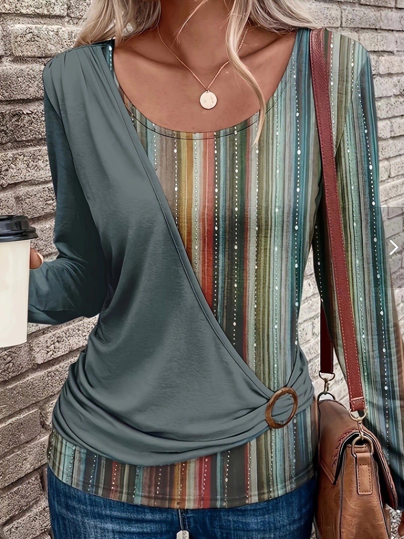 Women's Round Neck Solid Color Stitching Printing Casual Blouses