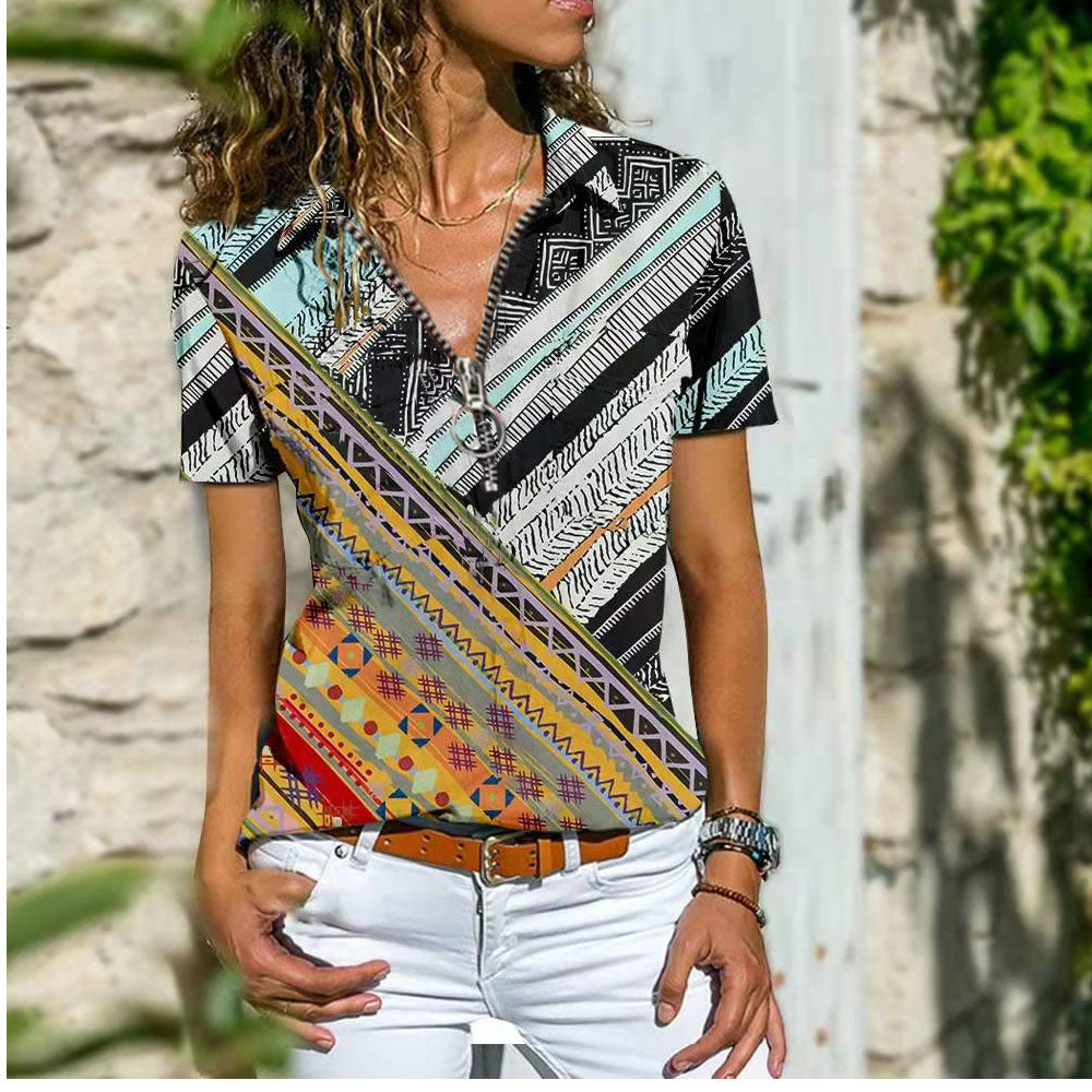 Schöne Damen Bohemian Reißverschluss T-Shirt Ärmel Shorts