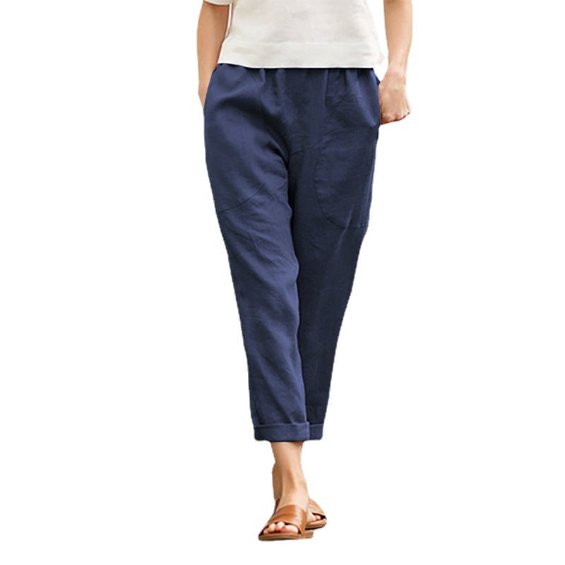 Pantalon en coton confortable de couleur pure à grande poche pour femme