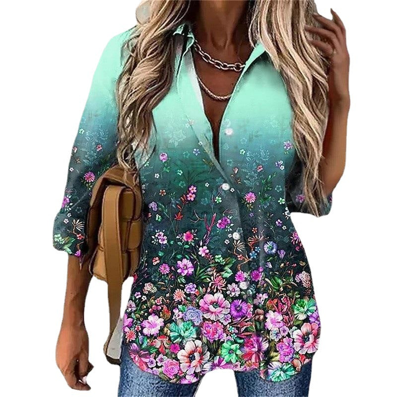 Spring Gradient Printing Button Long Sleeve Blouses