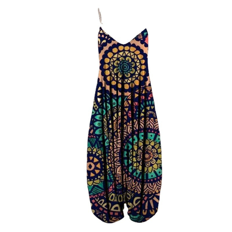 Beautiful Women's Print Suspenders Beach Loose Jumpsuits