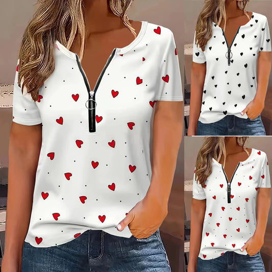 Women's Digital Printing Heart Round Neck Zipper Sleeve T-shirt Blouses