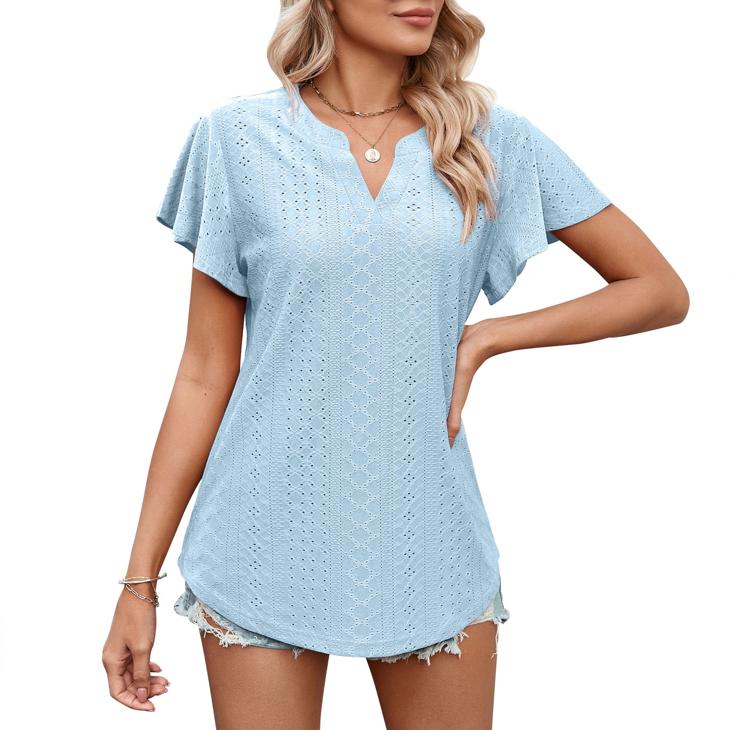 Women's Summer Ladies Solid Color Hollow Out Blouses