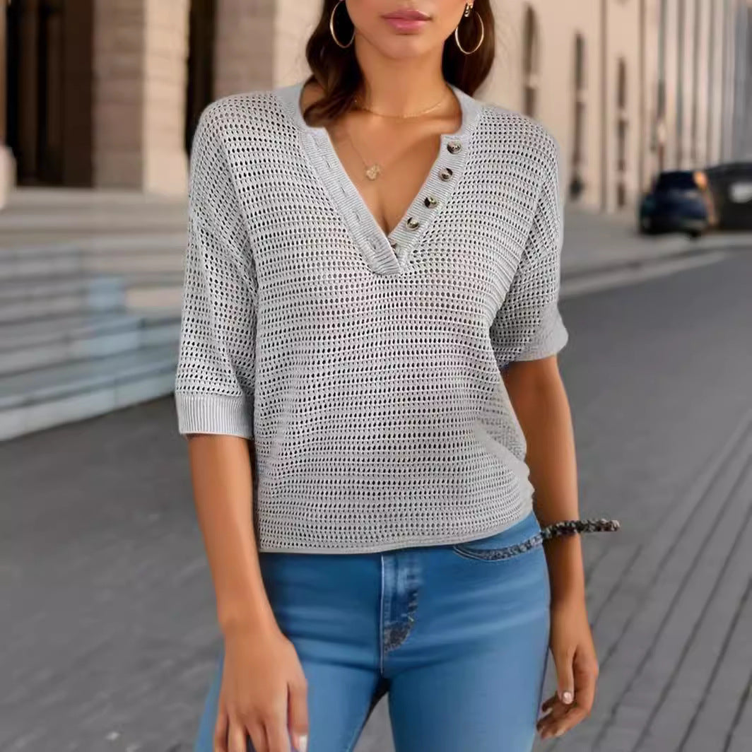 Pull tricoté polyvalent et décontracté à manches creuses pour femmes