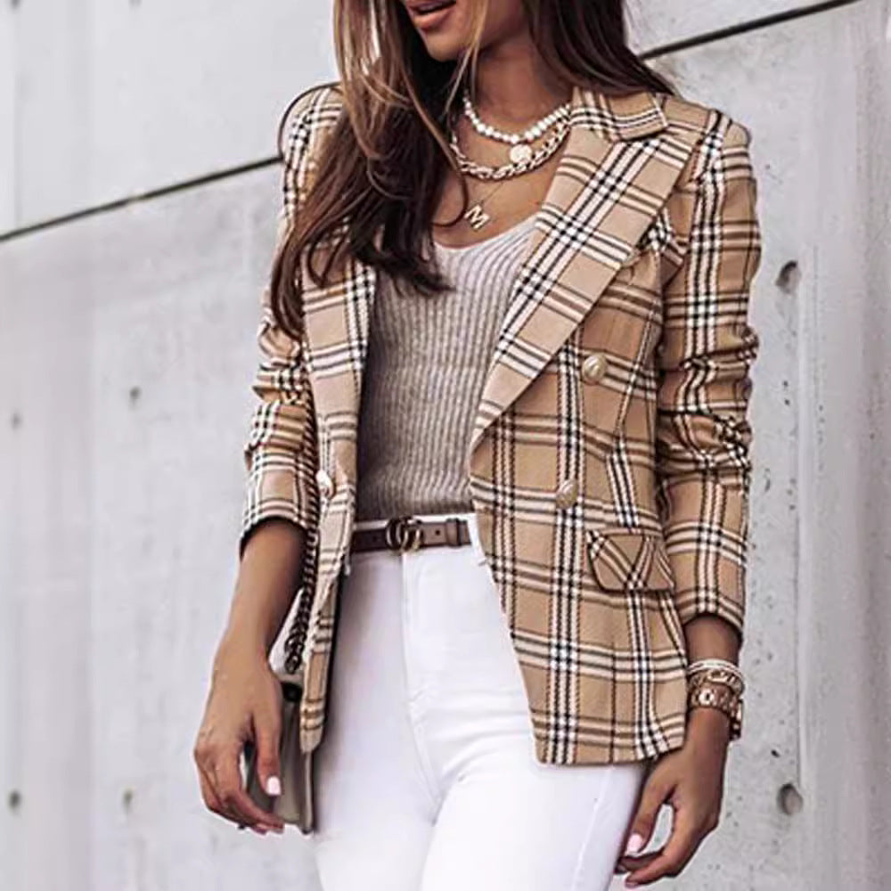 Autumn Long Sleeve Double Breasted Plaid Blazers