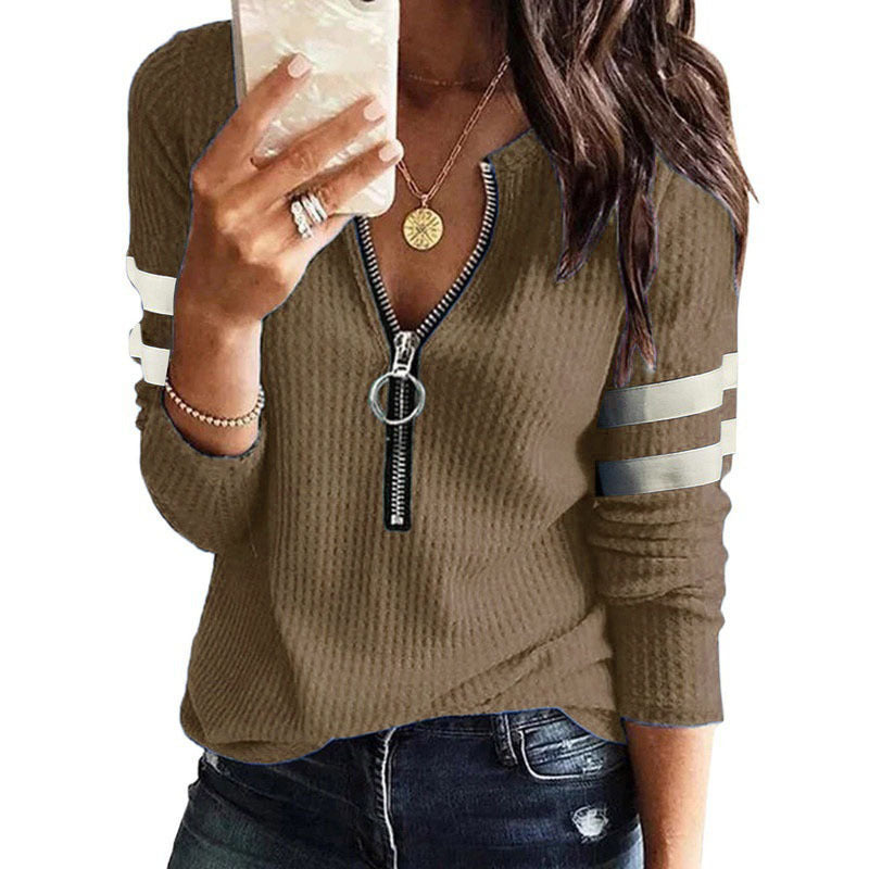 Women's Zipper V-neck Stitching Long Sleeve T-shirt Blouses