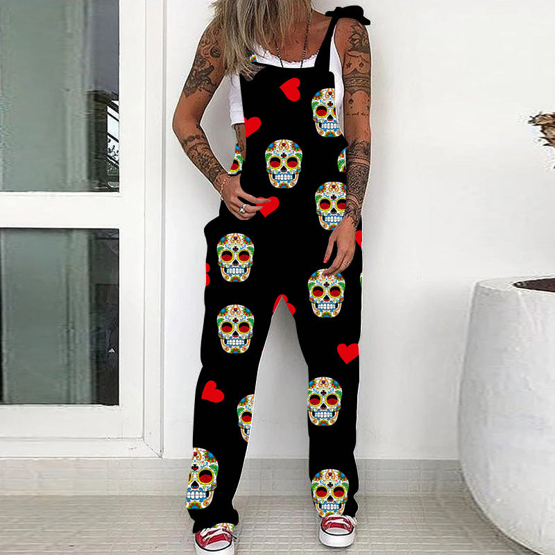 Damen Hosenträgerhose mit Schnürung und Totenkopf-Print