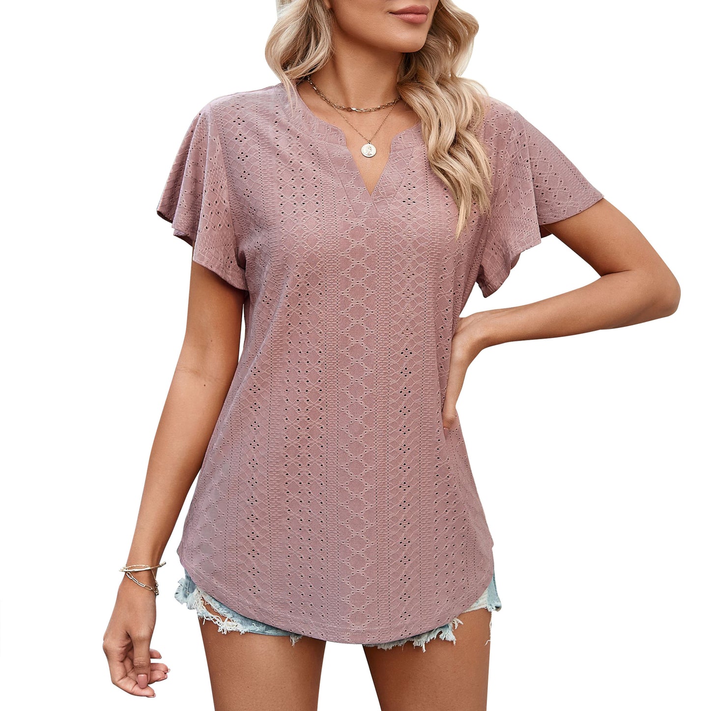 Women's Summer Ladies Solid Color Hollow Out Blouses