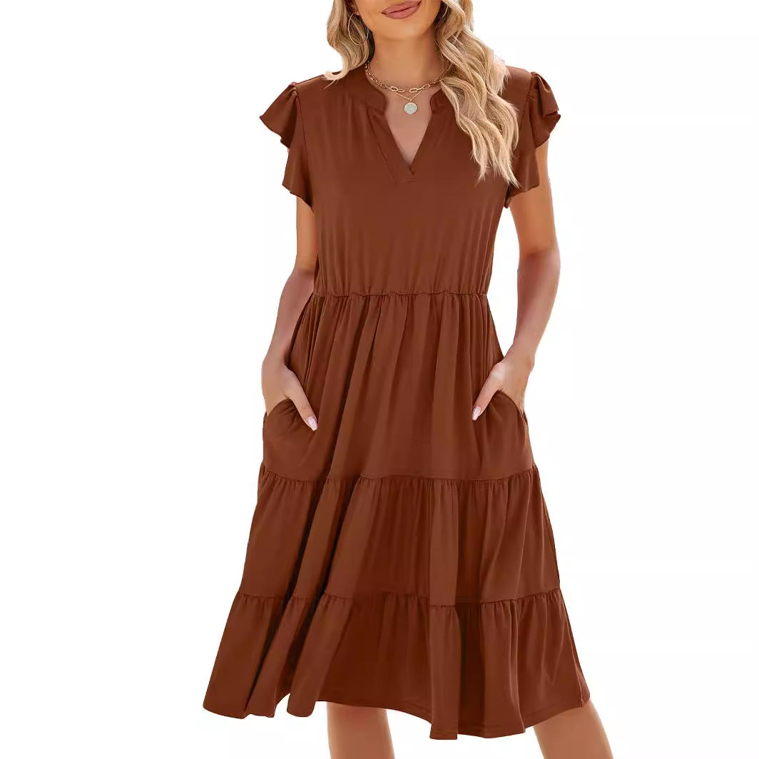 Solid Color Loose Sleeve Stitching Dress Dresses