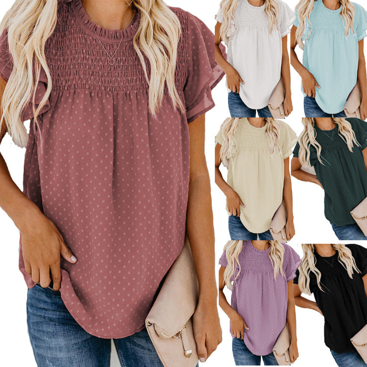 Women's Summer Solid Color Chiffon Loose Round Neck Pullover Sleeve Blouses