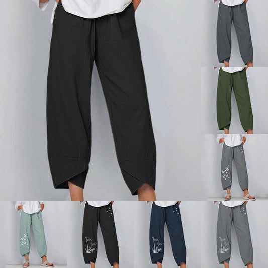 Pantalon décontracté ample en coton et lin à taille élastique pour femme