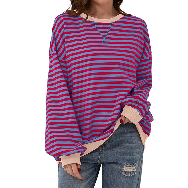 Women's T-shirt Summer Loose-fitting Striped Long Sleeves Blouses