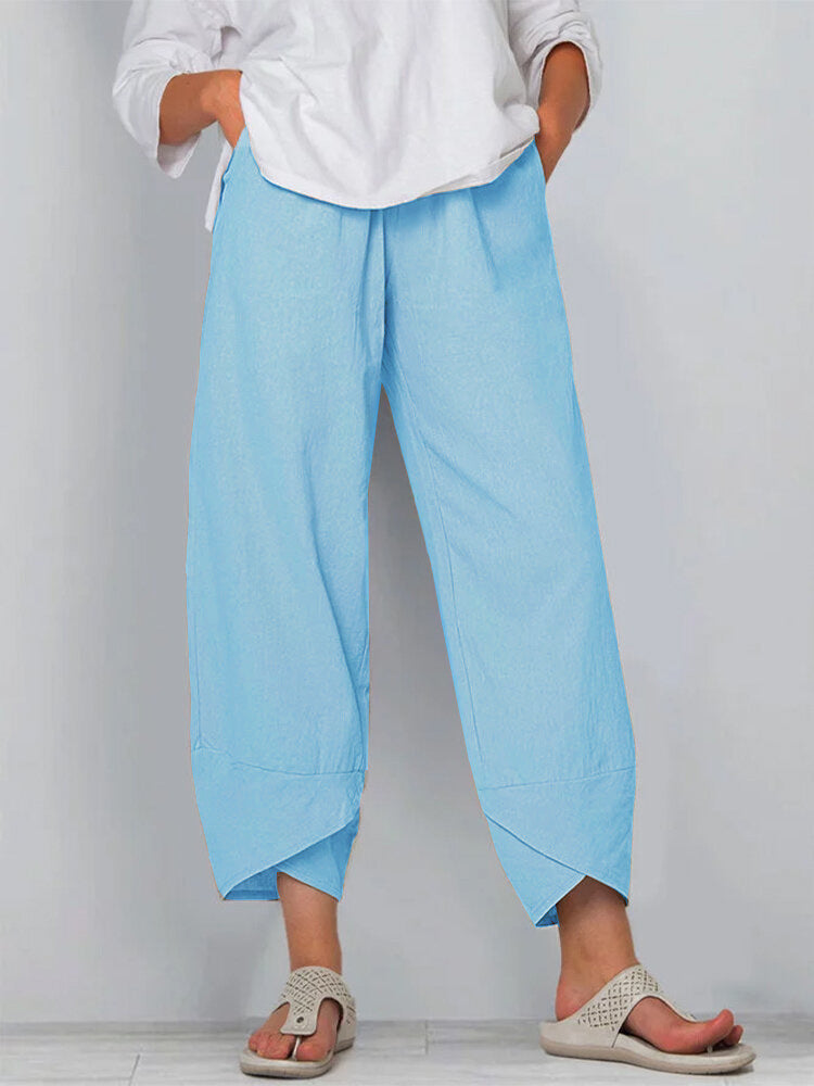 Pantalon décontracté ample en coton et lin à taille élastique pour femme