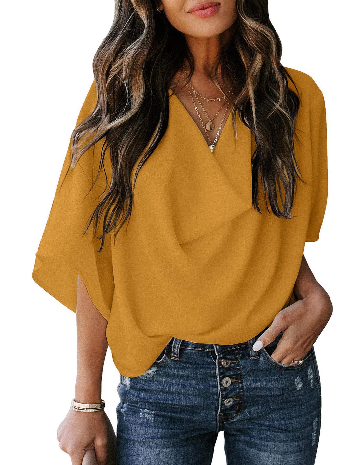 Women's Chiffon Loose V-neck Casual T-shirt Shirt Blouses