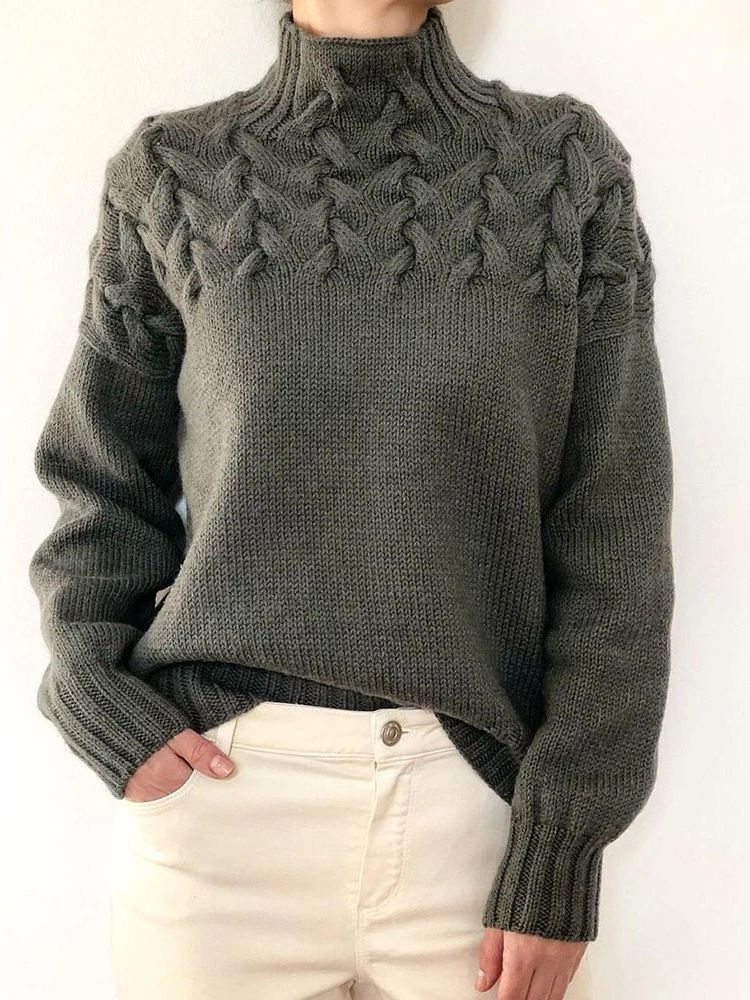 Rollkragenpullover mit langen Ärmeln und Zopfmuster für Damen