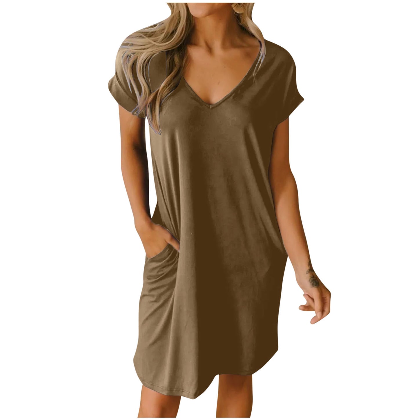 Women's Solid Color Sleeve Pocket Midi Dress Dresses