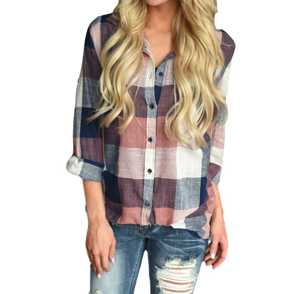 Women's Lattice Shirt Lapel Casual Long-sleeved Plaid Tops