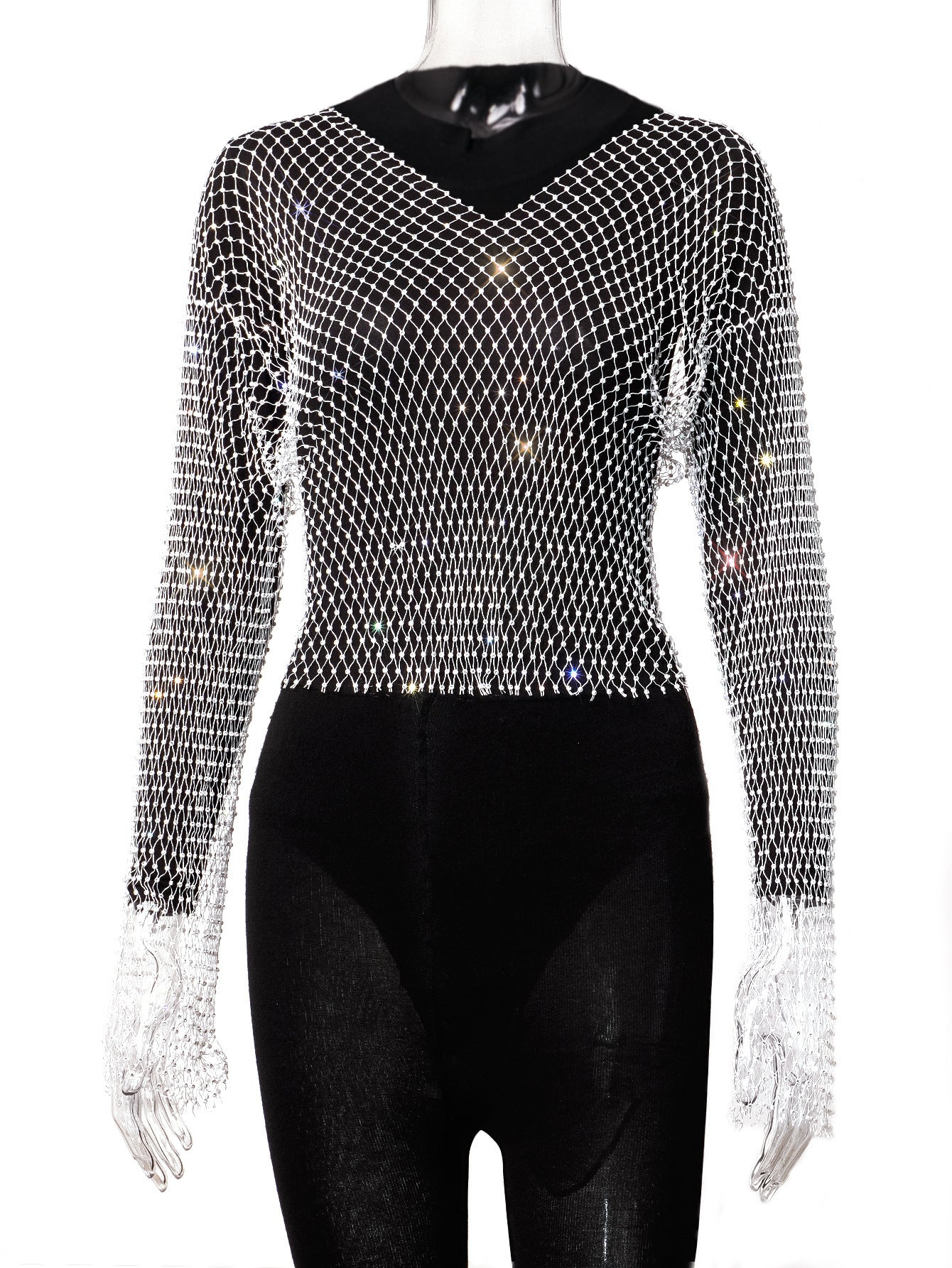 Women's Fishnet Rhinestone Mesh Round Neck Long Blouses