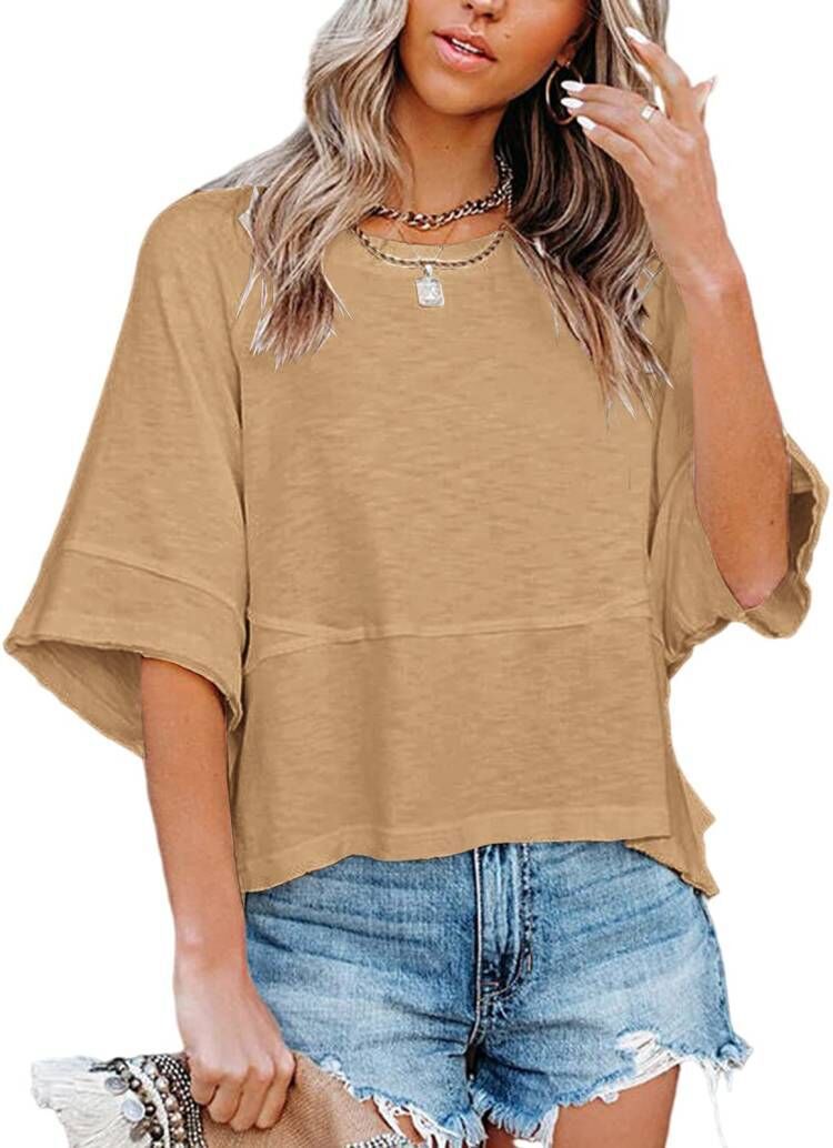 Stitching Solid Color Round Neck Bell Blouses