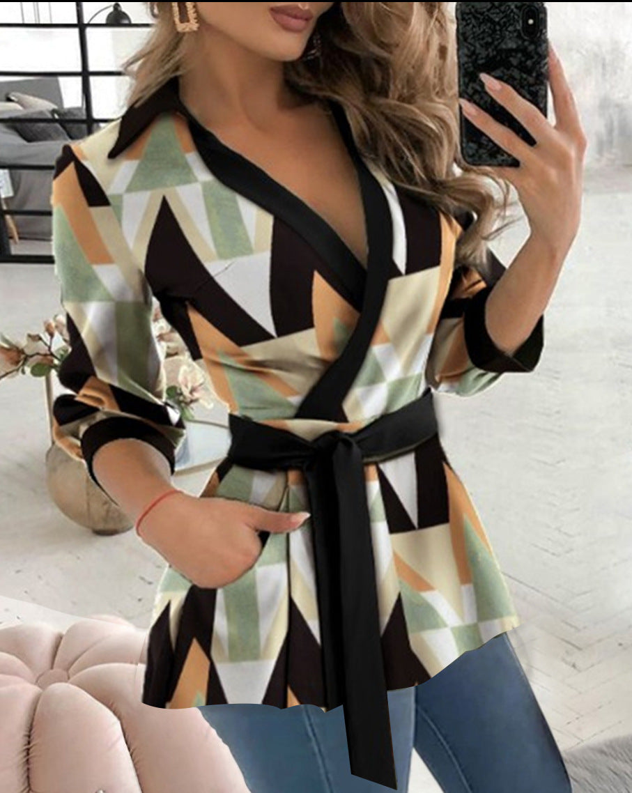 Women's Autumn Print Long Sleeve Belt Shirt Blouses