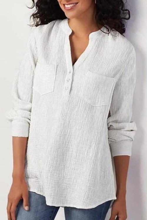 Women's Long Sleeve V-neck Pocket Cotton Linen Blouses