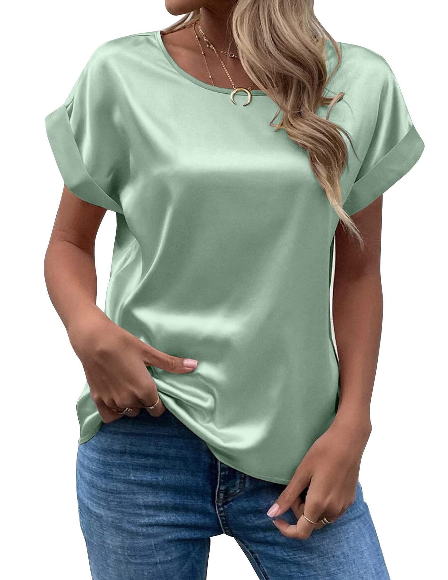 Women's Popular Short-sleeved Satin Loose-fitting Round-neck Blouses