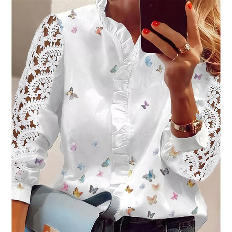 Women's Elegant Temperament Faille Long Sleeve Ruffled Blouses