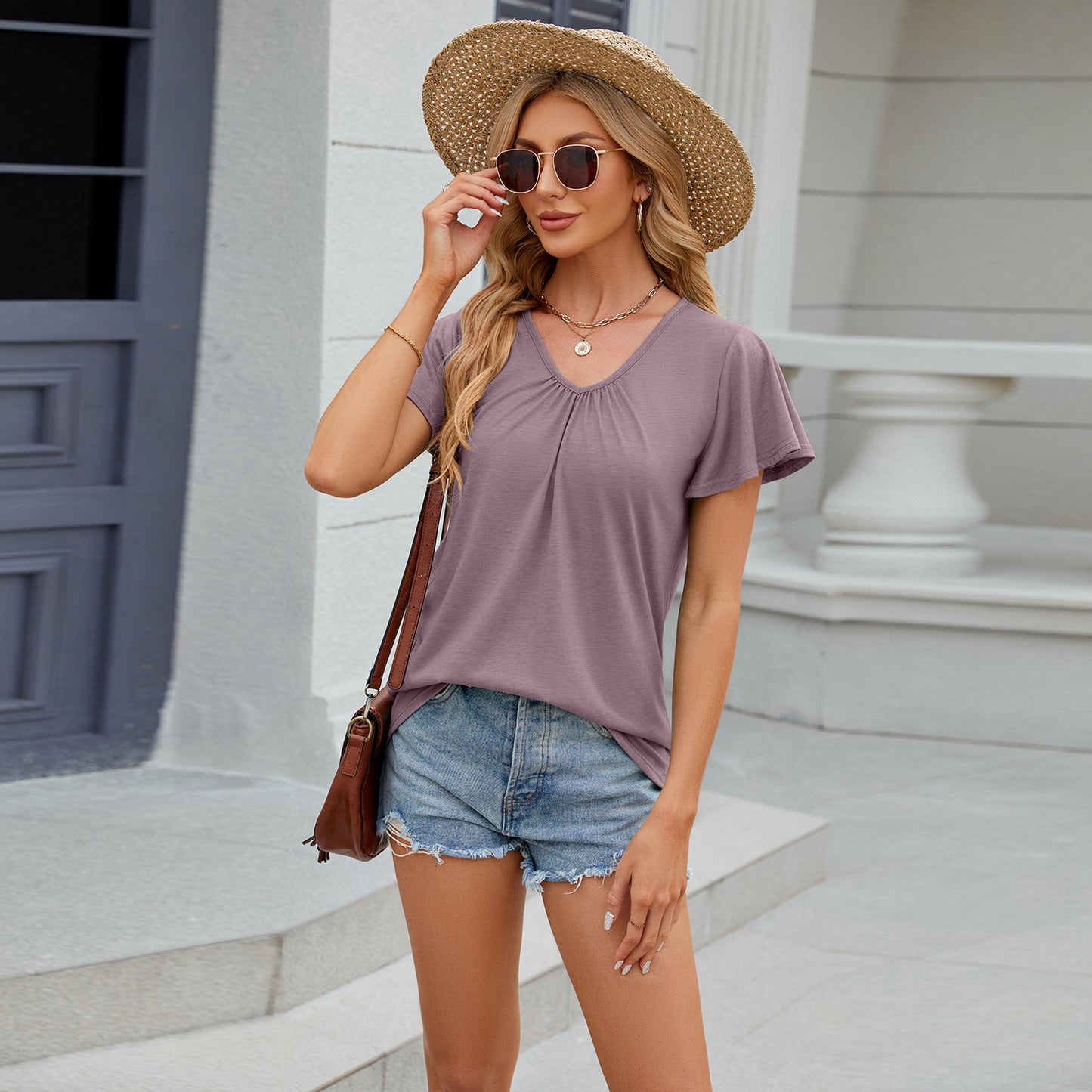 Solid Color Loose Sleeve T-shirt Ladies Blouses