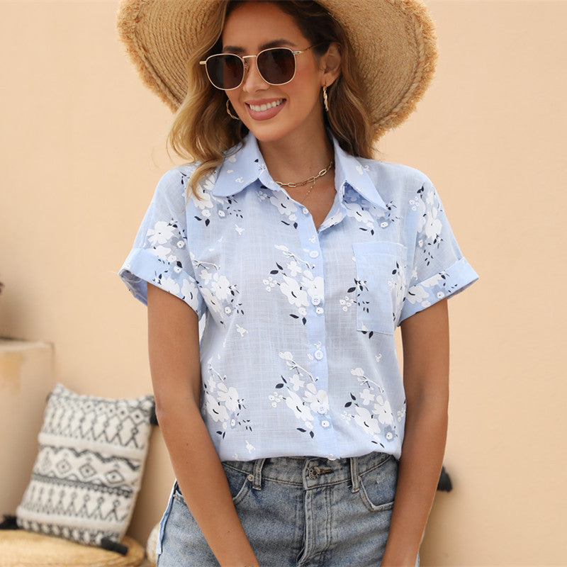 Women's Summer Printed Casual Loose Sleeves Linen Blouses